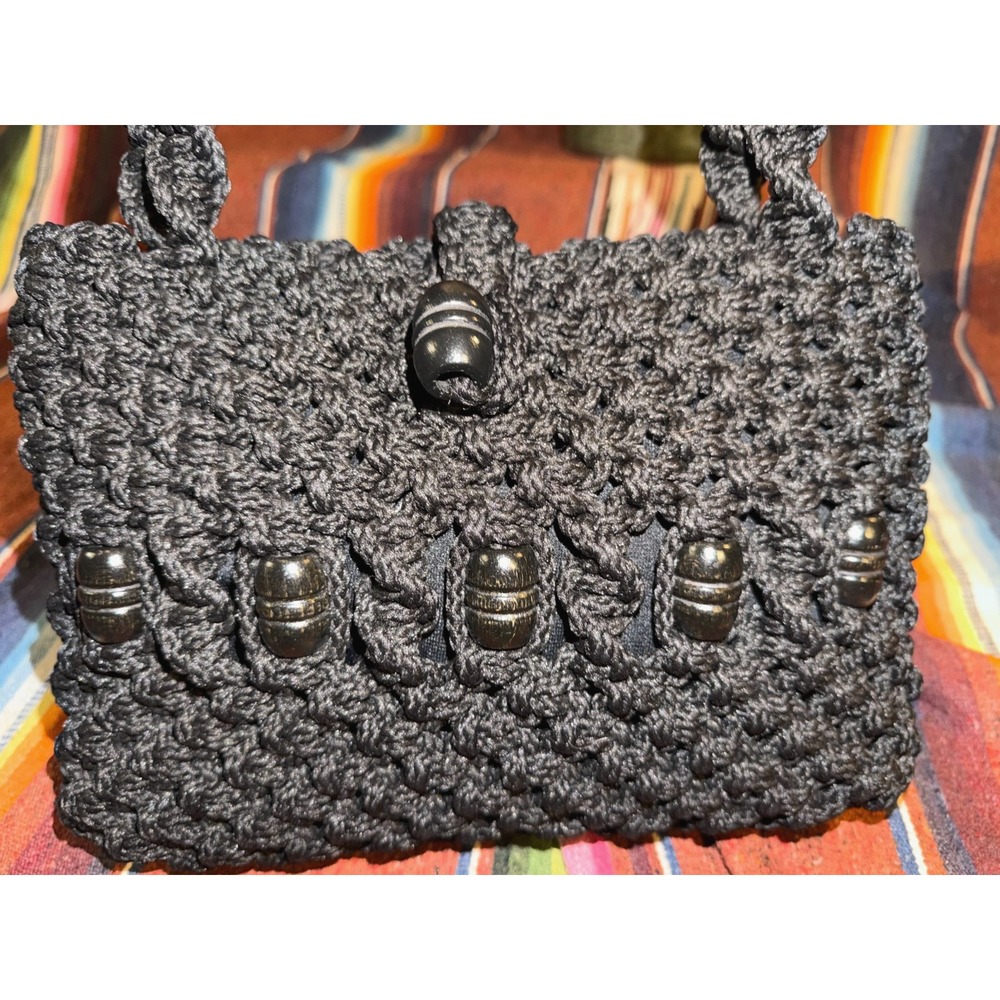 Boho Lined Black Macrame Handbag with Brown Wooden Beads